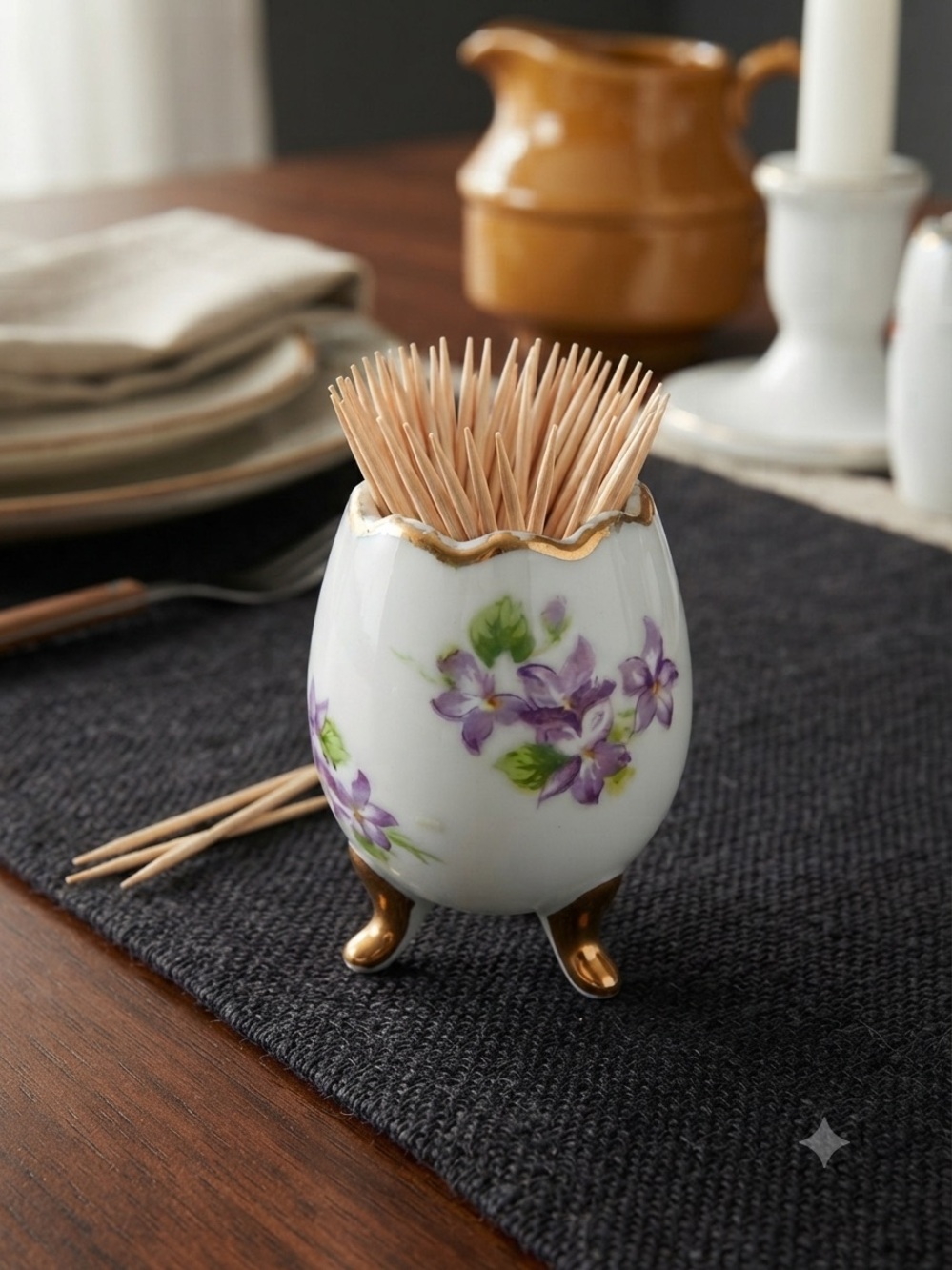 Enesco White Porcelain Floral Toothpick Holder with Gold Accents